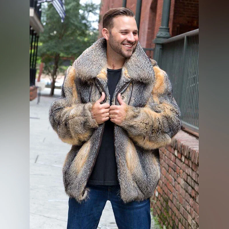 Men s 100 Real Fox Fur Jacket with Hood Coat Outwear Fashion