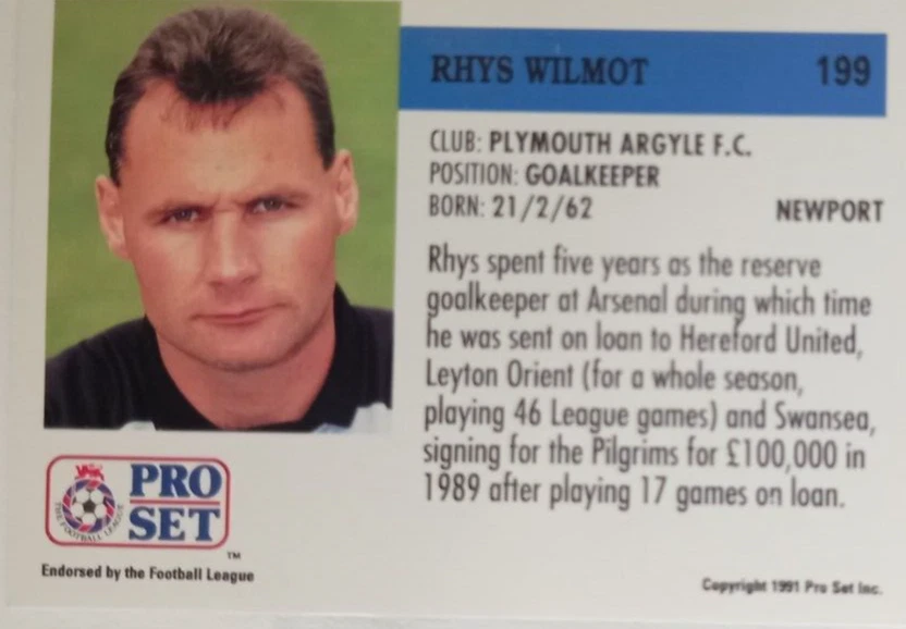 RHYS WILMOT PLYMOUTH ARGYLE ARSENAL TORQUAY GRIMSBY 1991-92 PRO SET CARD No 199 - Image 2 of 2