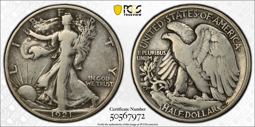 1921 D WALKING LIBERTY HALF DOLLAR PCGS F 12 WHOLESOME AND APPEALING KEY DATE IN