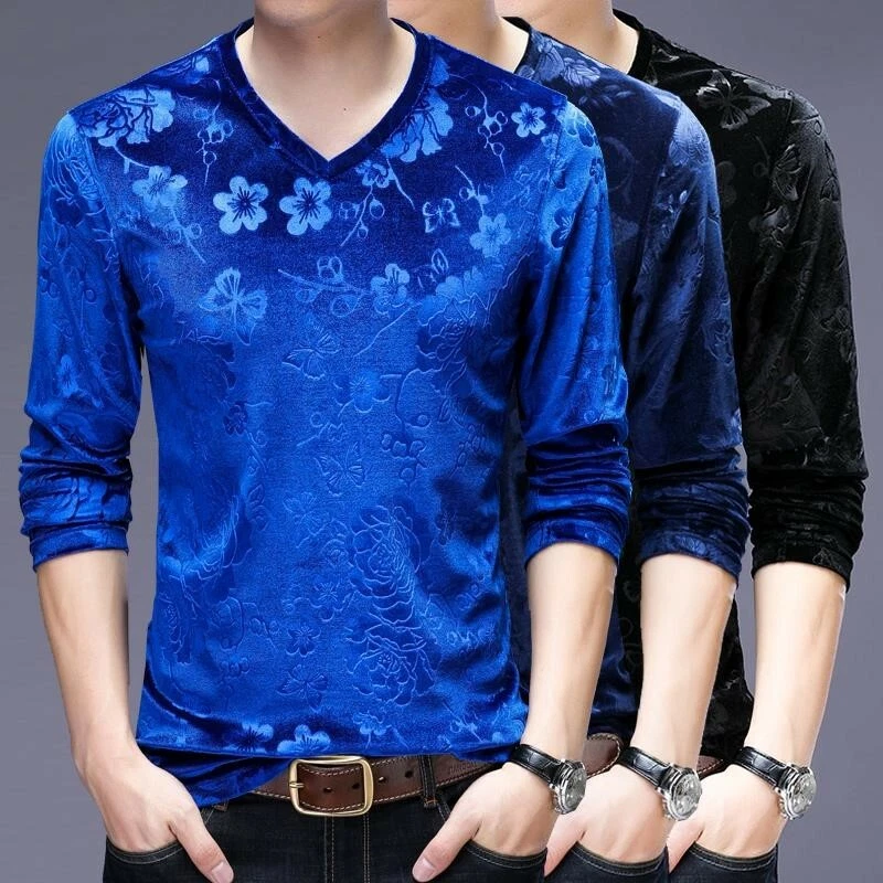 Camiseta masculina de veludo estampada floral jacquard elástica casual gola V retrô básica - Imagem 2 de 4