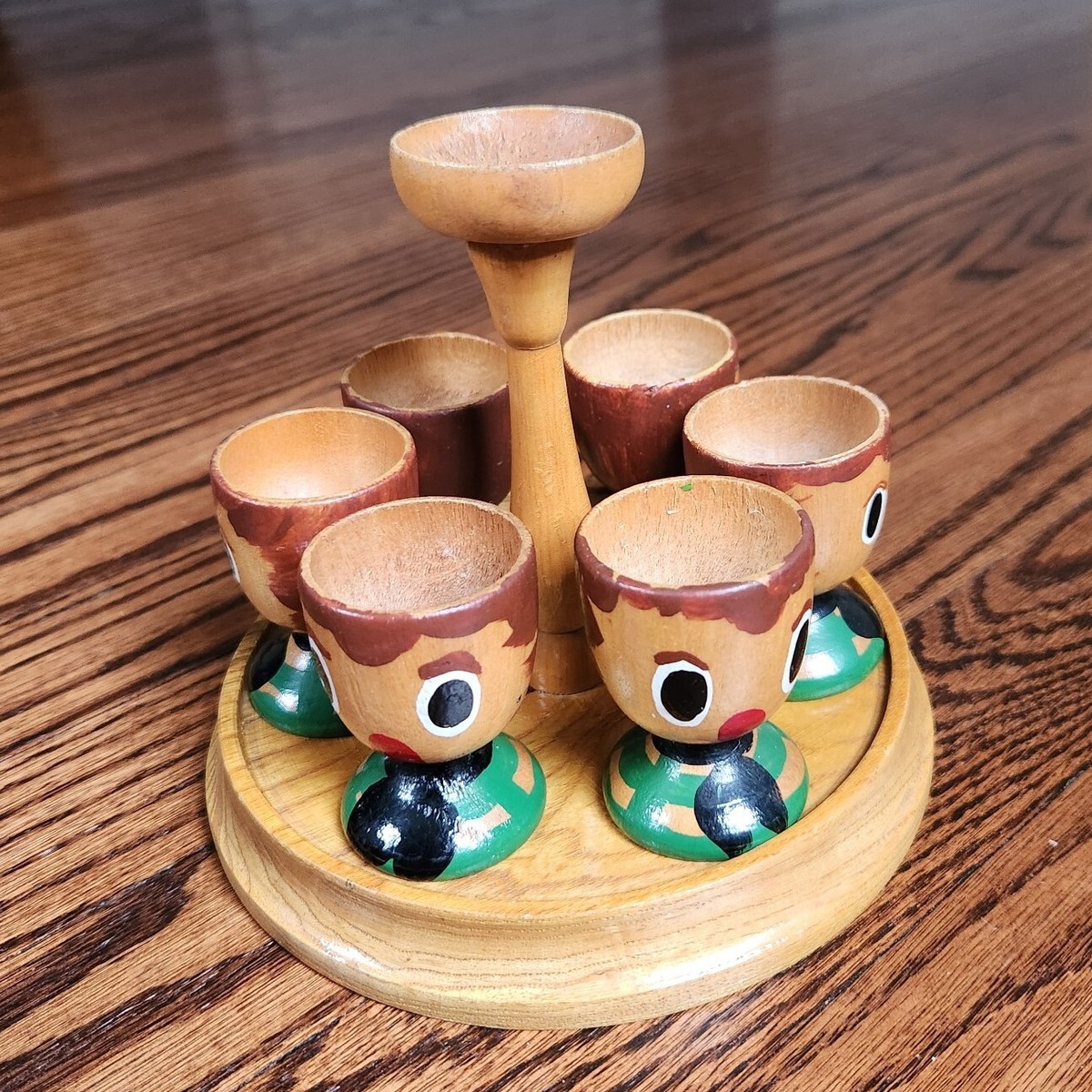 6* Vintage Hand Painted Wooden Egg Cups w/Faces & Stand Hand
