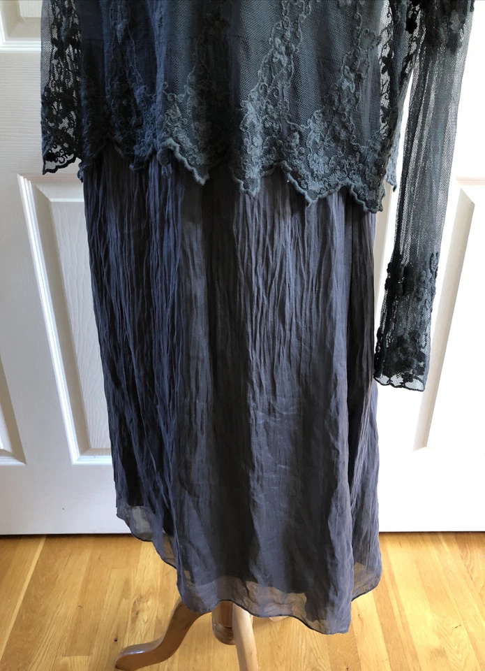 Vestido Bohemio Carla Conti Italia Delicado Encaje Superpuesto Largo Slv Mediano Nuevo con Etiquetas Foto 4 de 4