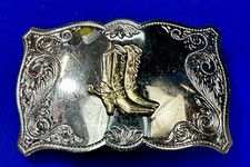 Vintage Cowboy Boots Engraved Swirl Border Two Tone Western Style Belt Buckle