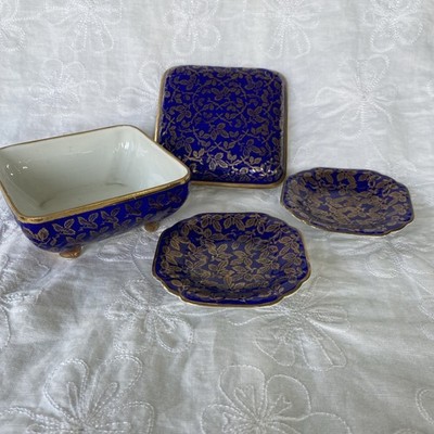 ALKA Kunst Kronach Bavaria Footed Trinket Box Cobalt Blue Gold Gilded Leaves