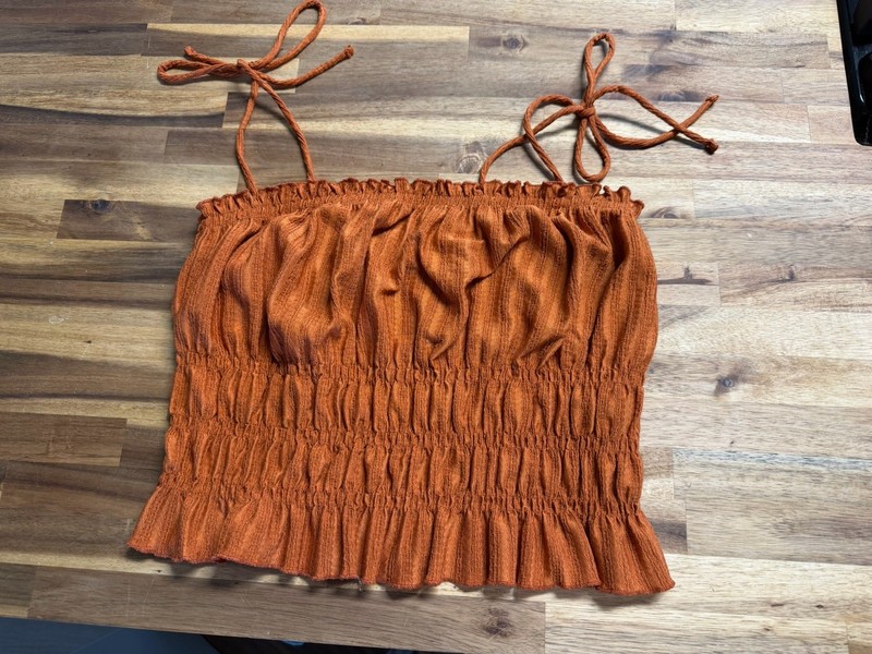 H&M Orange Smocked Ruffle Hem Tie Strap Square Neck Tank Top Womens M