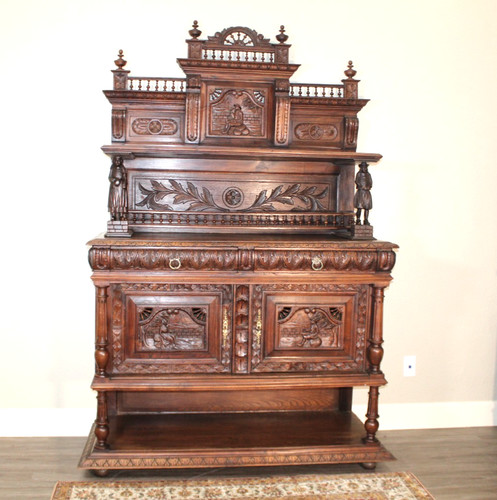 French Antique Carved Chestnut Wood Britany Server / Sideboard