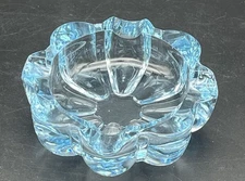VTG Small 3" Ice Blue Glass Ashtray Trinket Dish Scalloped Edge Mid-Century