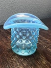 Vintage Fenton Opalescent Aqua Blue Hobnail Top Hat Vase / Toothpick Holder