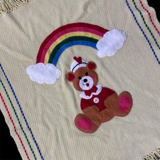 Handmade Baby Blanket Yellow Rainbow Teddy Bear Crocheted Fringe Vintage