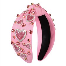 Pink Valentines Day Beaded Love Heart Knotted Jeweled Crystal Top Headband