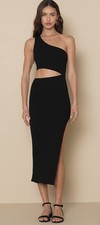 LULUS Spice Things Up Black Ribbed One-Shoulder Cutout Midi Dress Stretch Size M