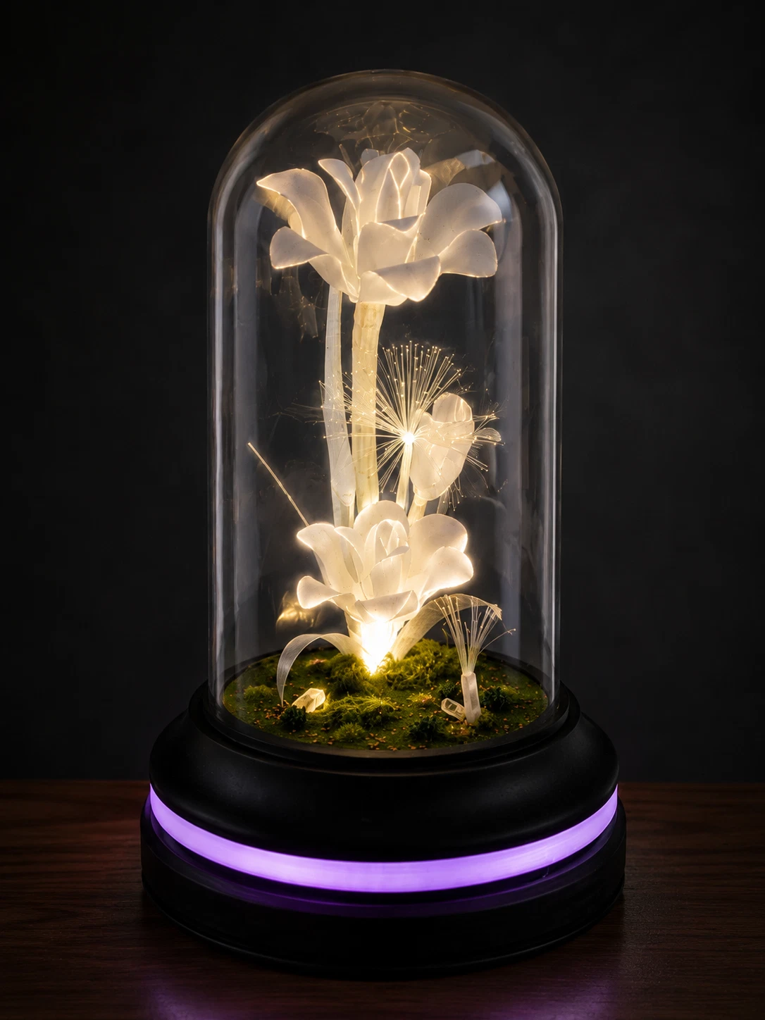 Vintage Fiber Optic Flower Lamp Under Glass Dome – Handmade LED Display