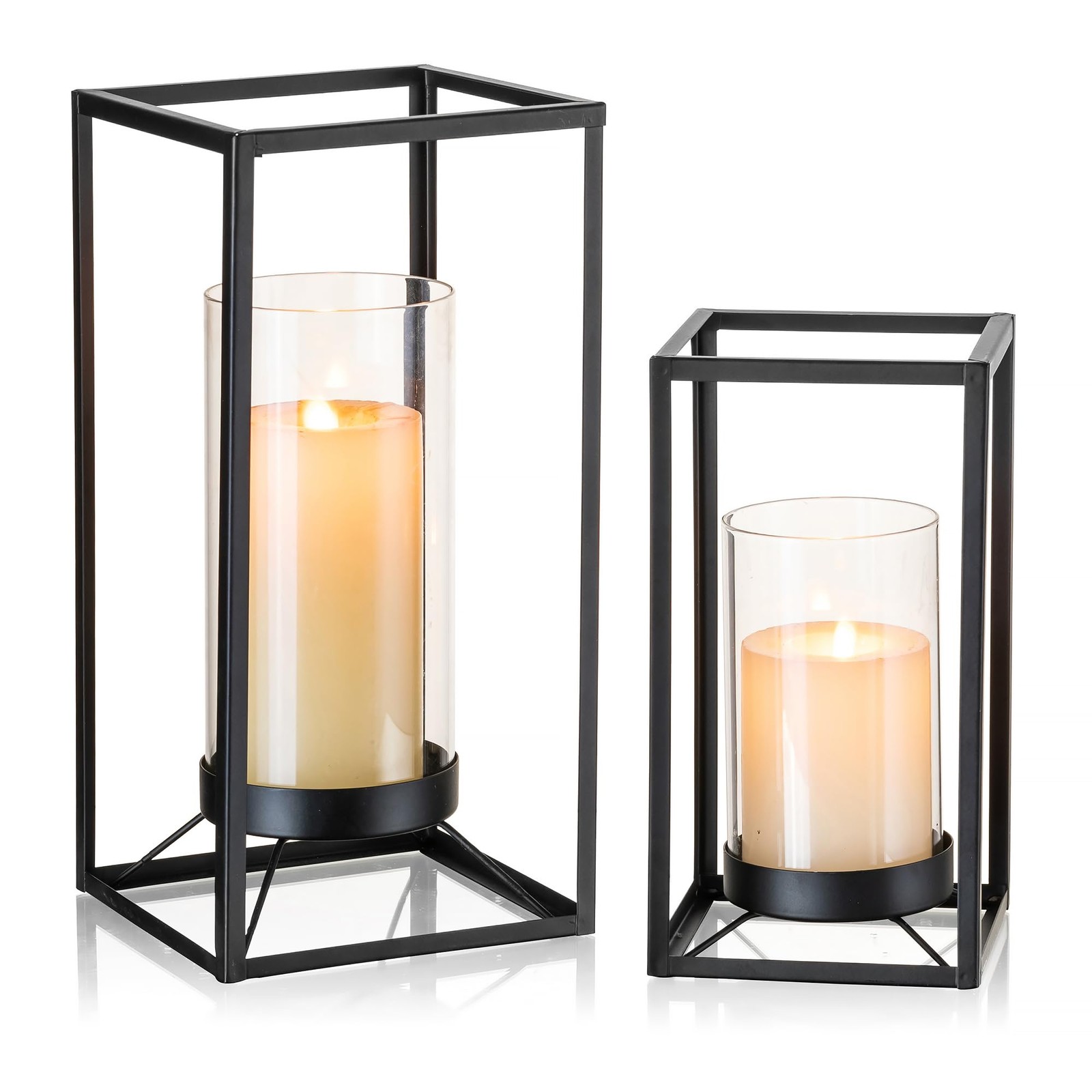 Black Lantern Decorative Indoor Set of 2: Glass Metal Hurricane Candle Holder...