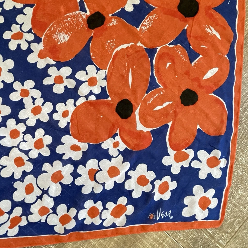 Винтажный шарф Vera Neumann 100% полиэтиленовый оранжевый/белый/синий квадратный 43 дюйма - Изображение 3 из 4