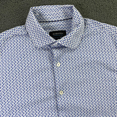 Bugatchi OoohCotton Tech Shirt Mens Medium Blue Geometric 8 Way Stretch