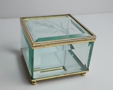 Vintage Etched Reeds Beveled Glass Brass Jewelry Box Mirrored Base 4" x 4"