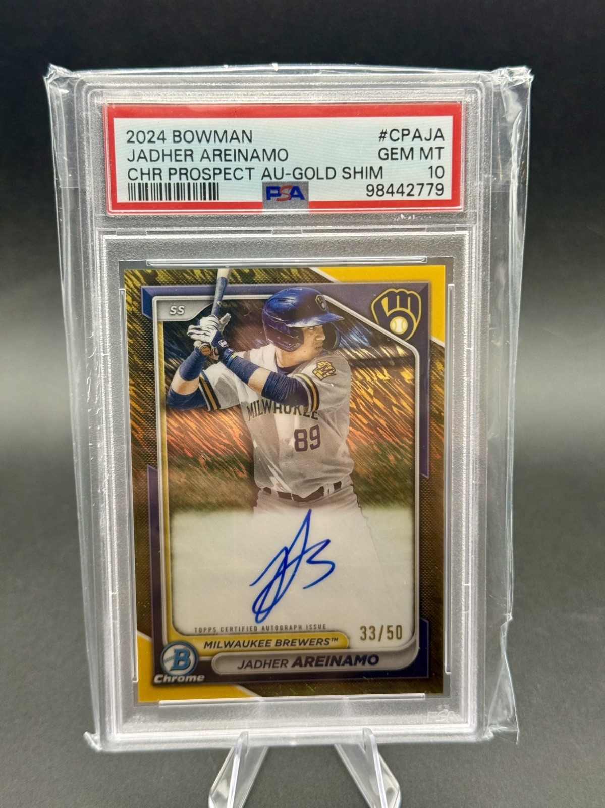 2024 Bowman Chrome Jadher Areinamo Auto Gold Shimmer /50 PSA 10 RC Rookie
