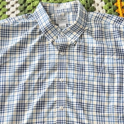 LL Bean Blue Yellow Check Wrinkle Free Button Up Short Sleeve Shirt 2X Tall