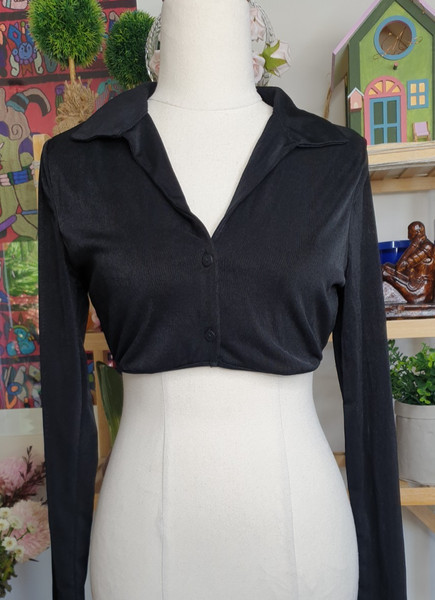 Glassons Size L Large Black Crop Button Up Collar Top Blouse