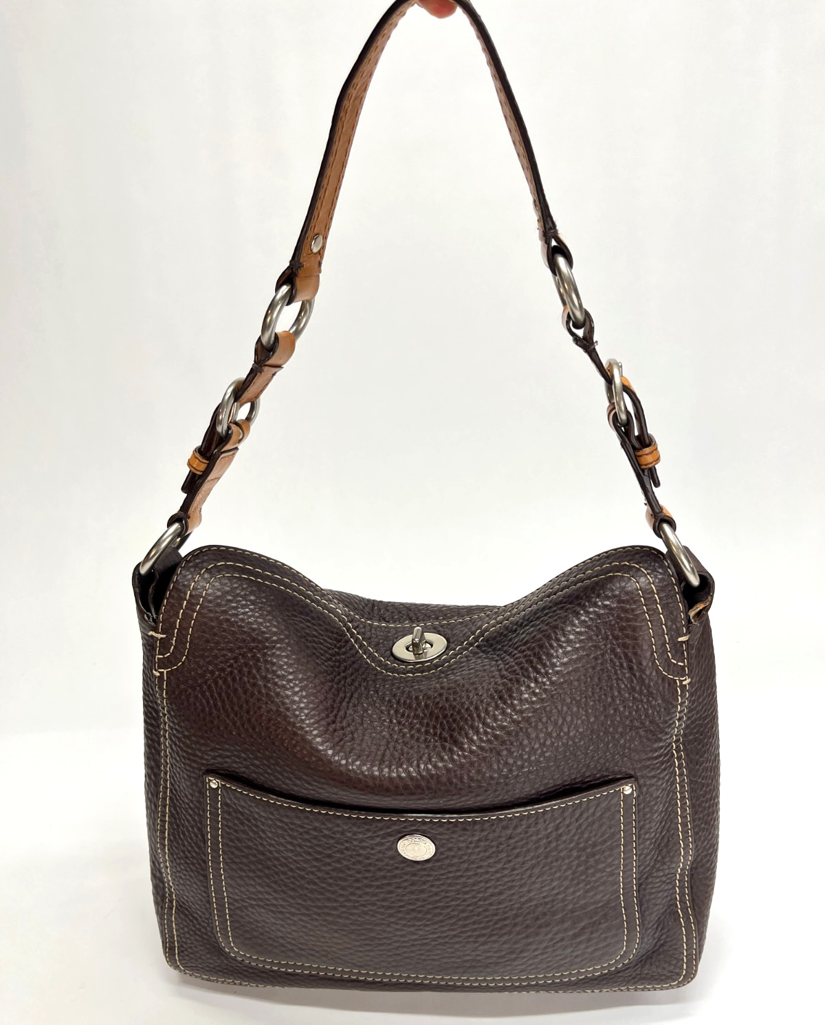 Coach Brown Pebble Leather Chelsea Shoulder Bag Purse F12338 Medium Turn Lock