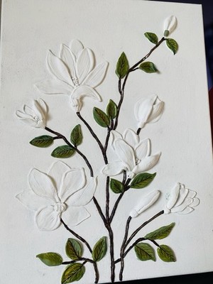 Floral Relief Plaster Wall Plaques Set of 2, White Pink Flowers, Decorative
