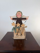 Vintage Rustic Wooden Angel Figurine - A is for Angel Alphabet Block Decor