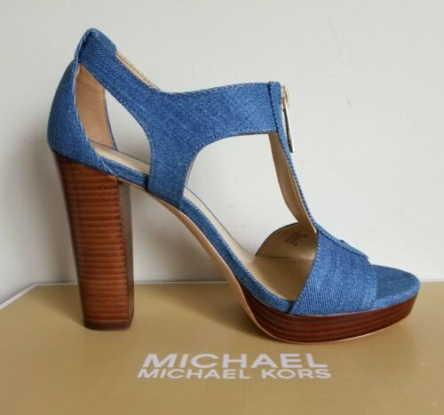Michael KORS BERKLEY DENIM PLATFORM T STRAP GOLD LOGO ZIPPER SANDAL I LOVE SHOES - Picture 3 of 8