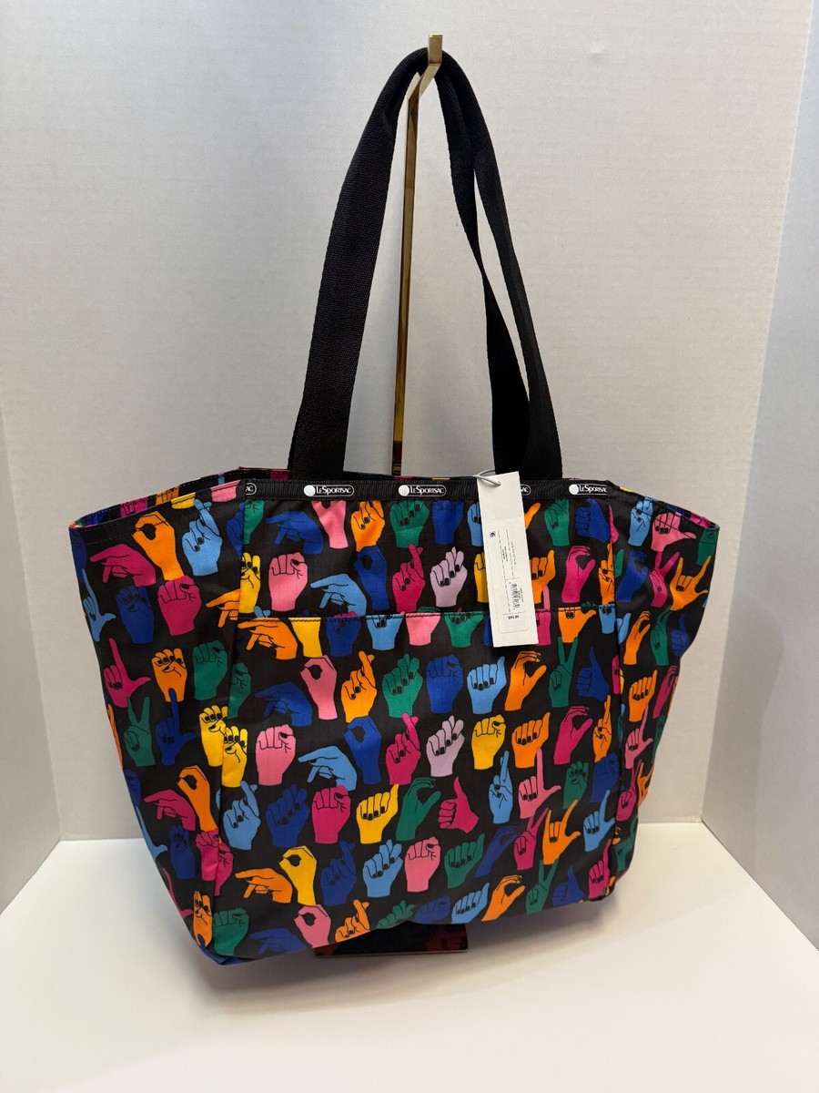 LESPORTSAC Janis Top Zip Tote Sign Language Print NWT Rare
