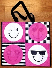 REUSABLE SHOPPING TRAVEL TOTE BAGS DENIM & SMILEY FACE SET OF 2 PIECES NEW