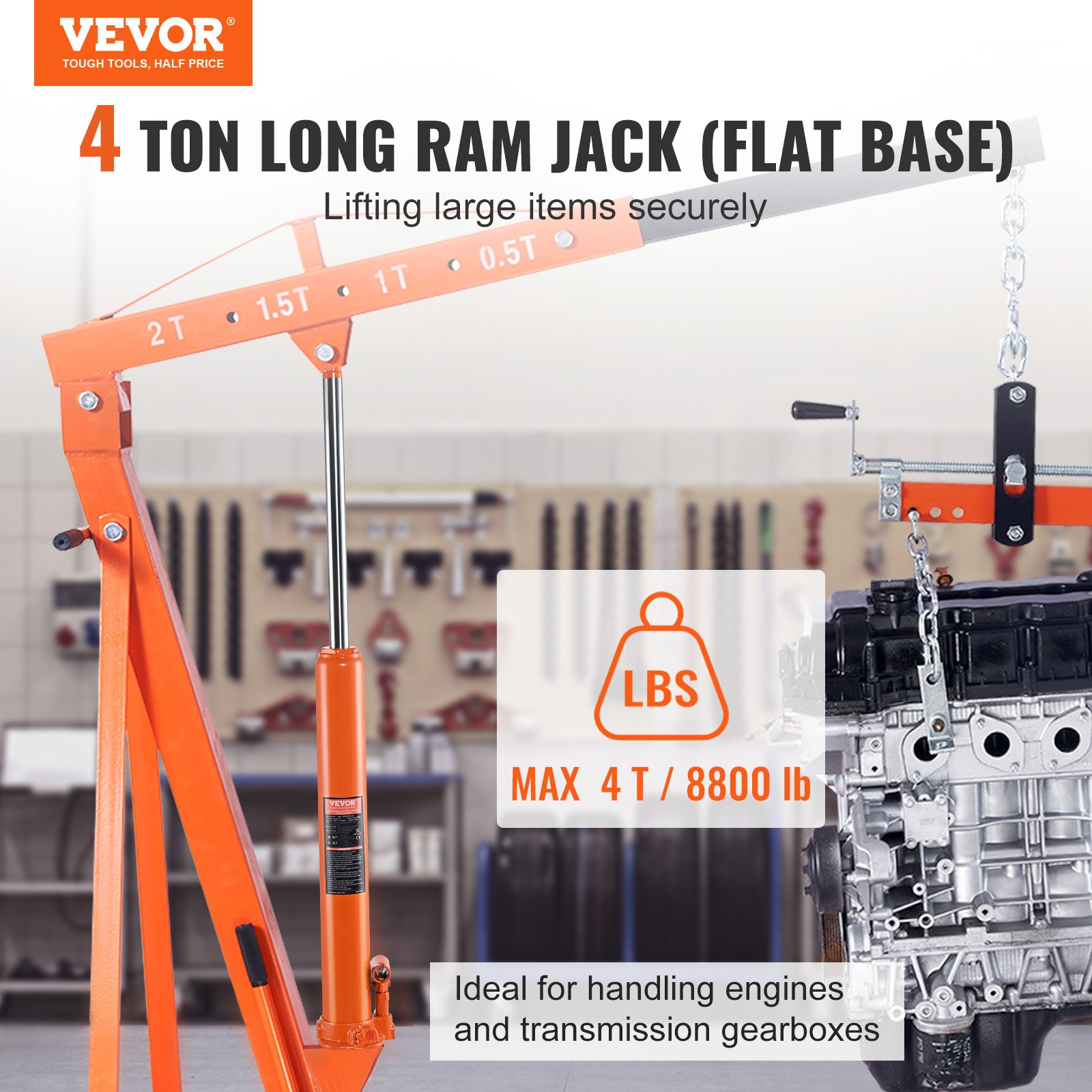 VEVOR Hydraulic Long Ram Jack, 4 Ton Engine Hoist Cylinder with Single Piston Pu
