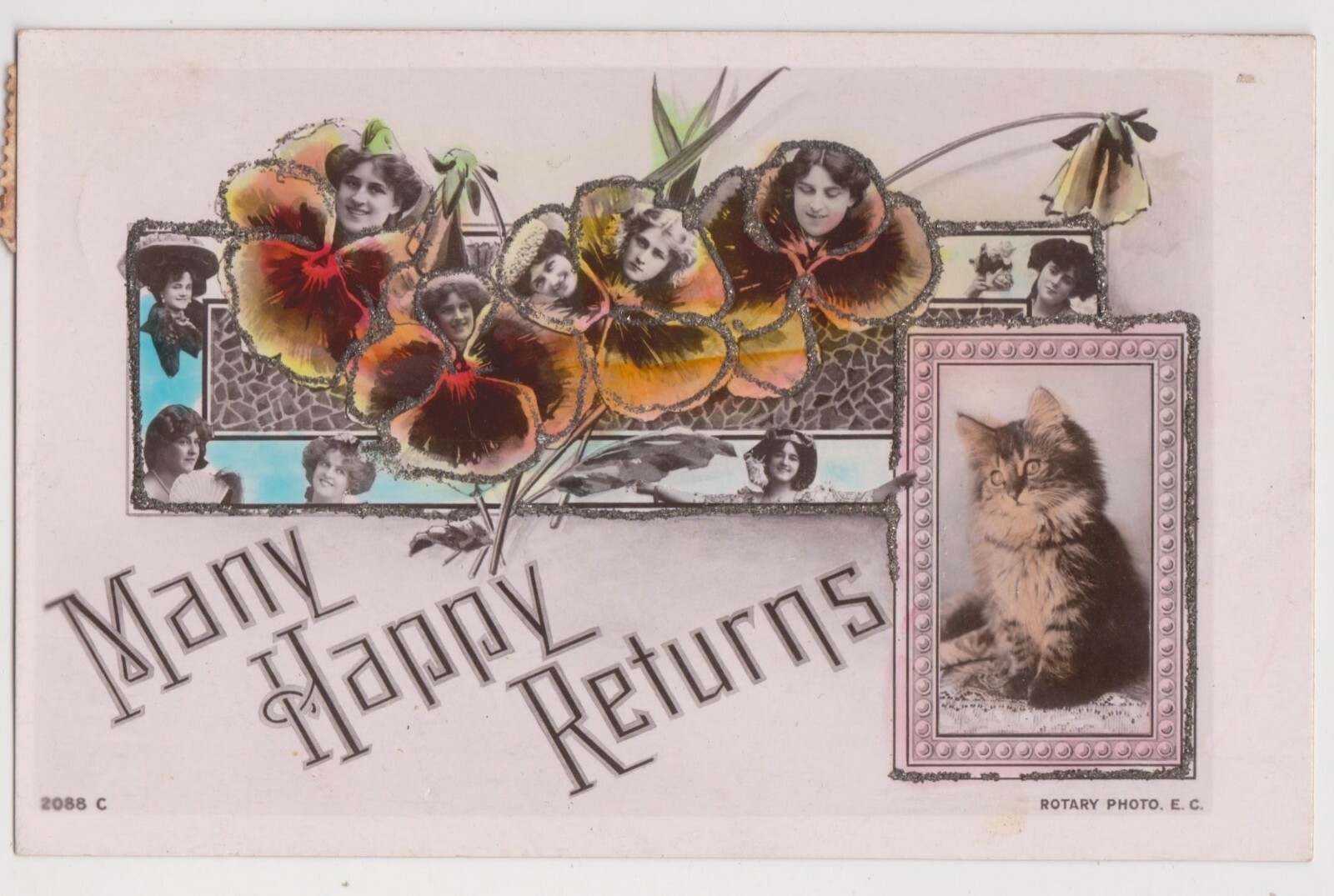 NSW 1907 vintage postcard, pansies with actresses faces,  Rotary Photographic.