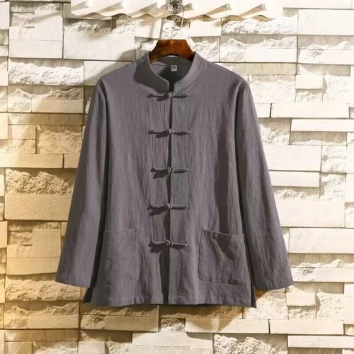 Chinese Tang Traditional Suit Men Retro Shirt Kung Fu Tai Chi Jacket Hanfu Top - Foto 25 di 31