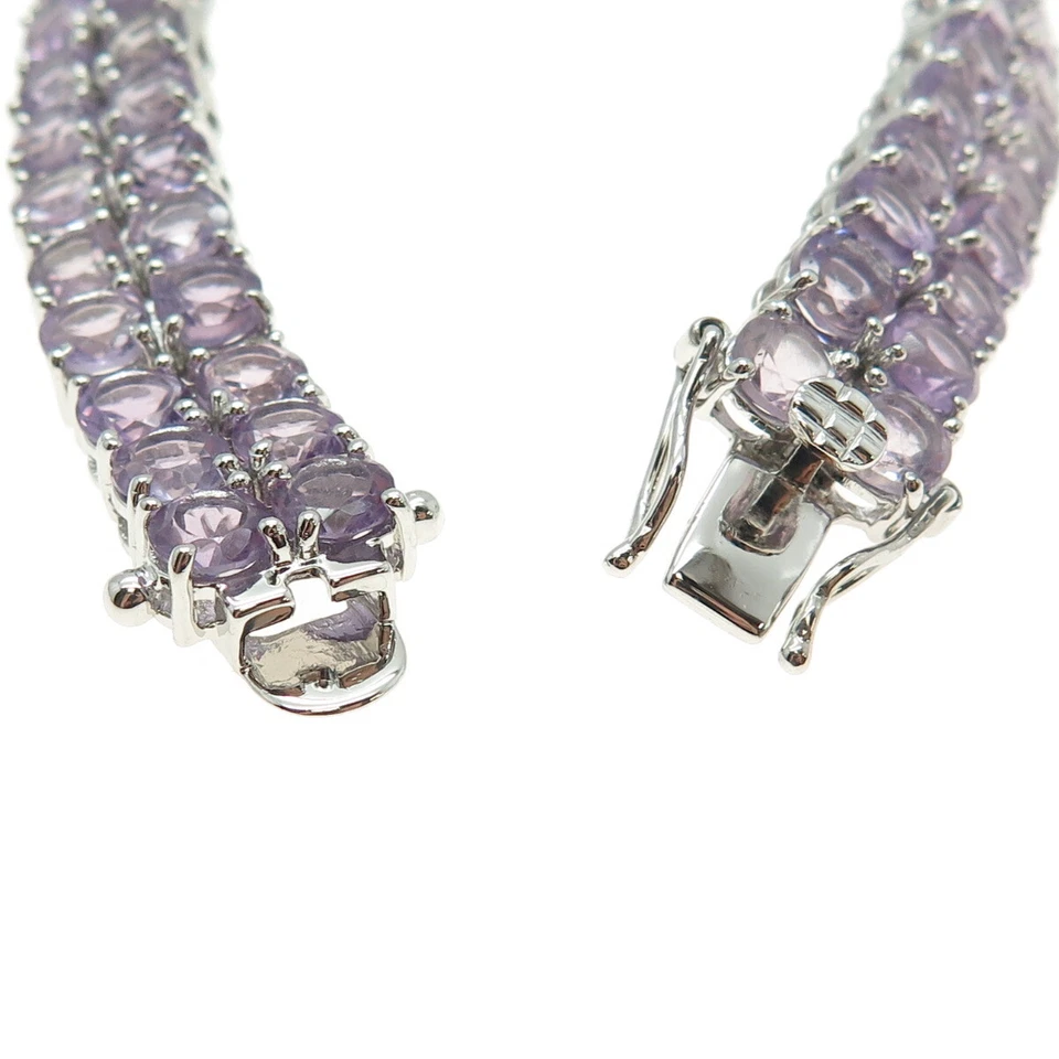 925纯银圆形切割紫水晶宝石2排网球链式手链7.5 — 第 4/4 张图片