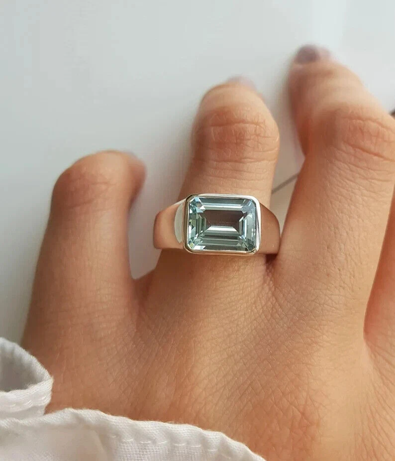 3Ct Solitaire Created Blue Aquamarine Mens Engagement Ring 14K White Gold Finish - Изображение 2 из 4