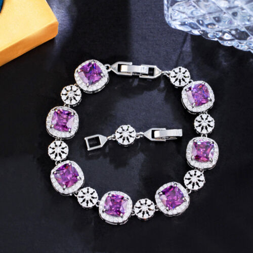 Charming Silver Plated Purple Cubic Zirconia Women Party Square Flower Bracelet - Picture 1 of 15