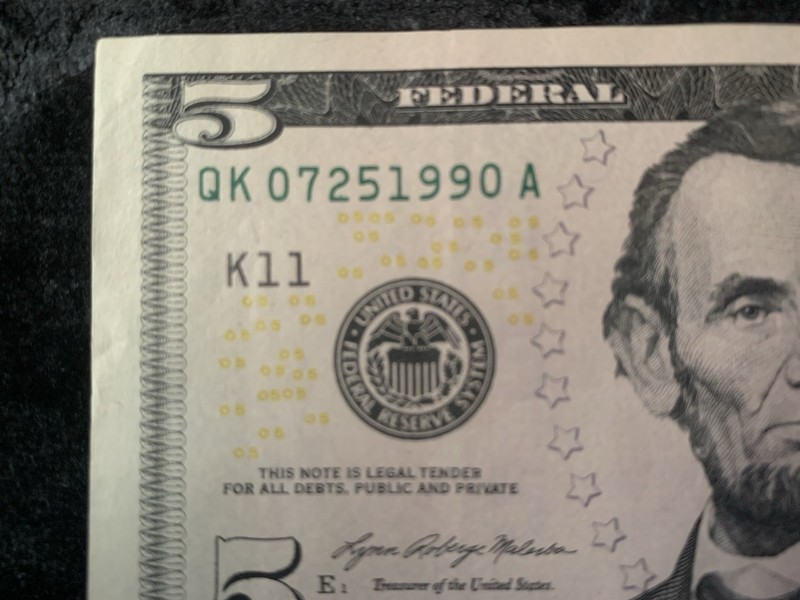 07/25/1990  Birthday Note Fancy Serial Number $5 Dollar Banknote