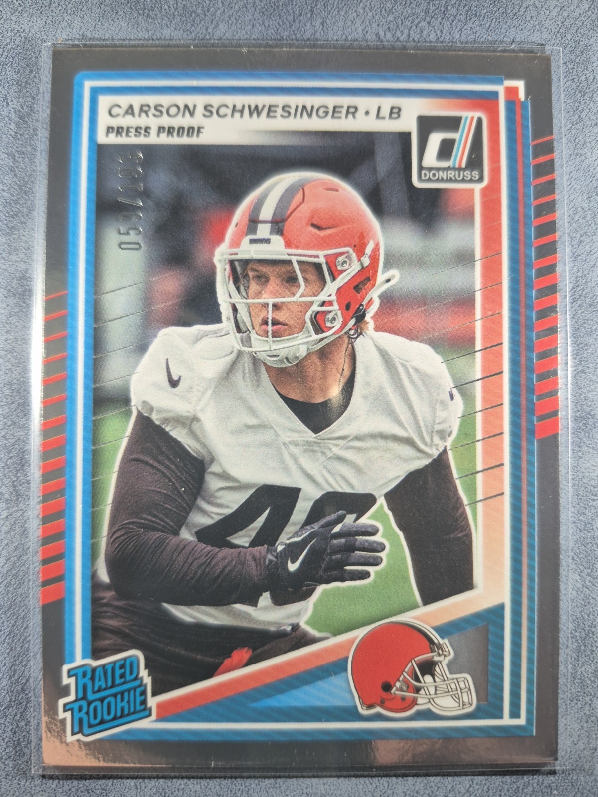 2025 Donruss Carson Schwesinger Rated Rookie #392 Press Proof Silver O59/199