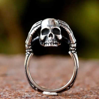 Viking Skull with Skeletal Hands Ring Stainless Steel Ring