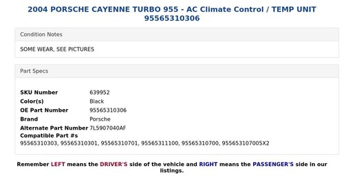 2004 PORSCHE CAYENNE TURBO 955 - AC Climate Control / TEMP UNIT 95565310306 - Picture 7 of 8