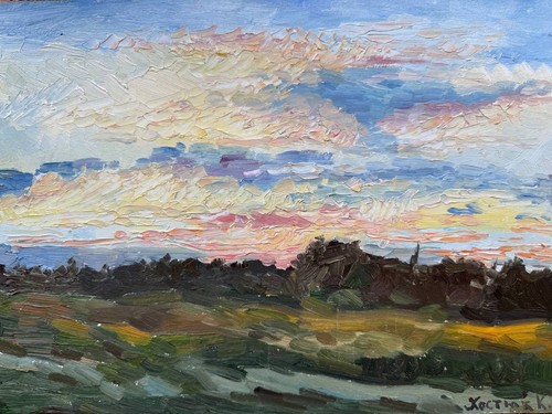 Original Öl Landschaft Gemälde Impressionist Himmel Wolken Palette Messer 35x25cm - Bild 2 von 10