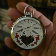Polished Silver Metal Quartz Pocket Watch White Dial Roman Numerals Floral