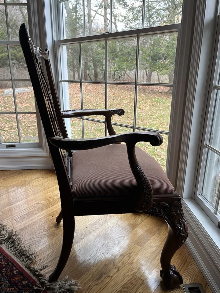 Vintage Chippendale Solid Mahogany Armchair Dining Chair Upholstered Seat - Image 2 of 4