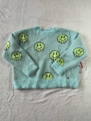 Justice GirlsBlue W/  Happy Faces Fuzzy   Sweater Sz S 7/8 NWT Eyelash Crew Neck