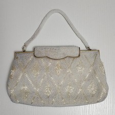 Vintage 50s Small Beaded Clutch Purse Ivory Japan - Inside Stains