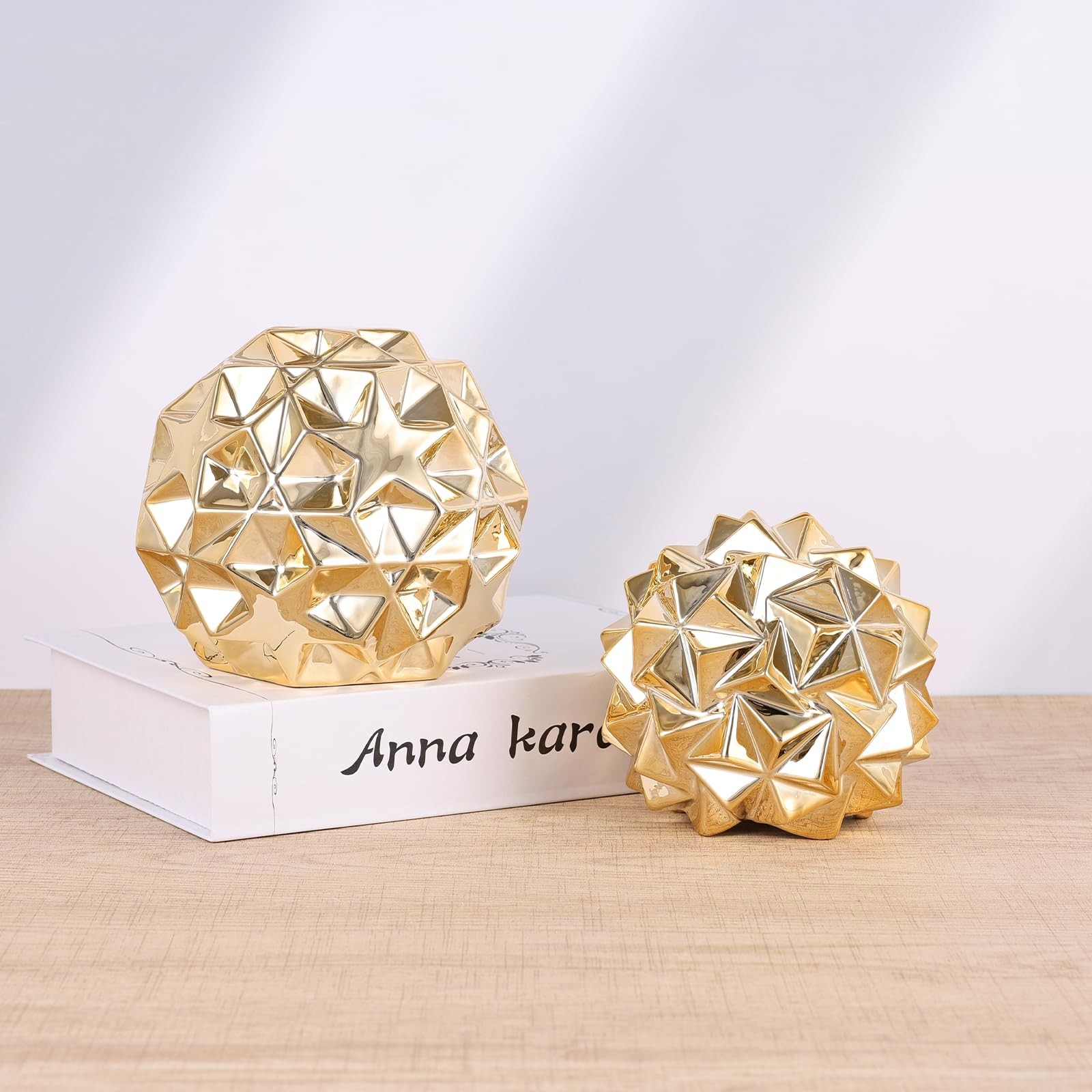 Gold Knot Orbs Ceramic 2PC Decorative Spheres Set - Modern Geometric Balls Ce...