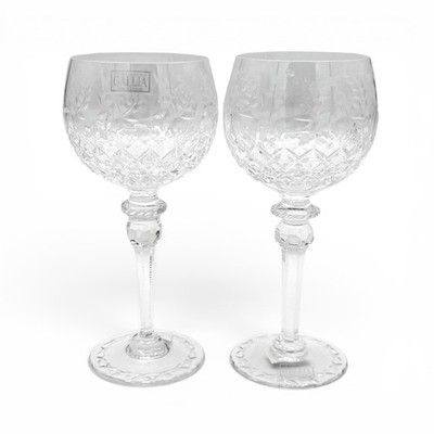 Rogaska Gallia Balloon Wine Glass Crystal Floral Design 8 1/2in 2Pc Set