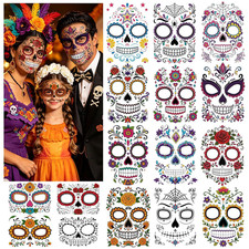 16 Sheet Day of the Dead Face Tattoos for Kids Adults Halloween Makeup Kit