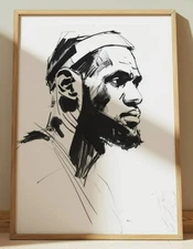 LEBRON JAMES INK DRAWING PRINT PORTRAIT SKETCH 8" x 10"  LOS ANGELES LAKERS