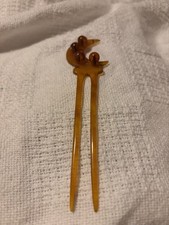 Bake Light Amber Plastic Hair Fork Comb with Decorative Beads and Crescent Moon