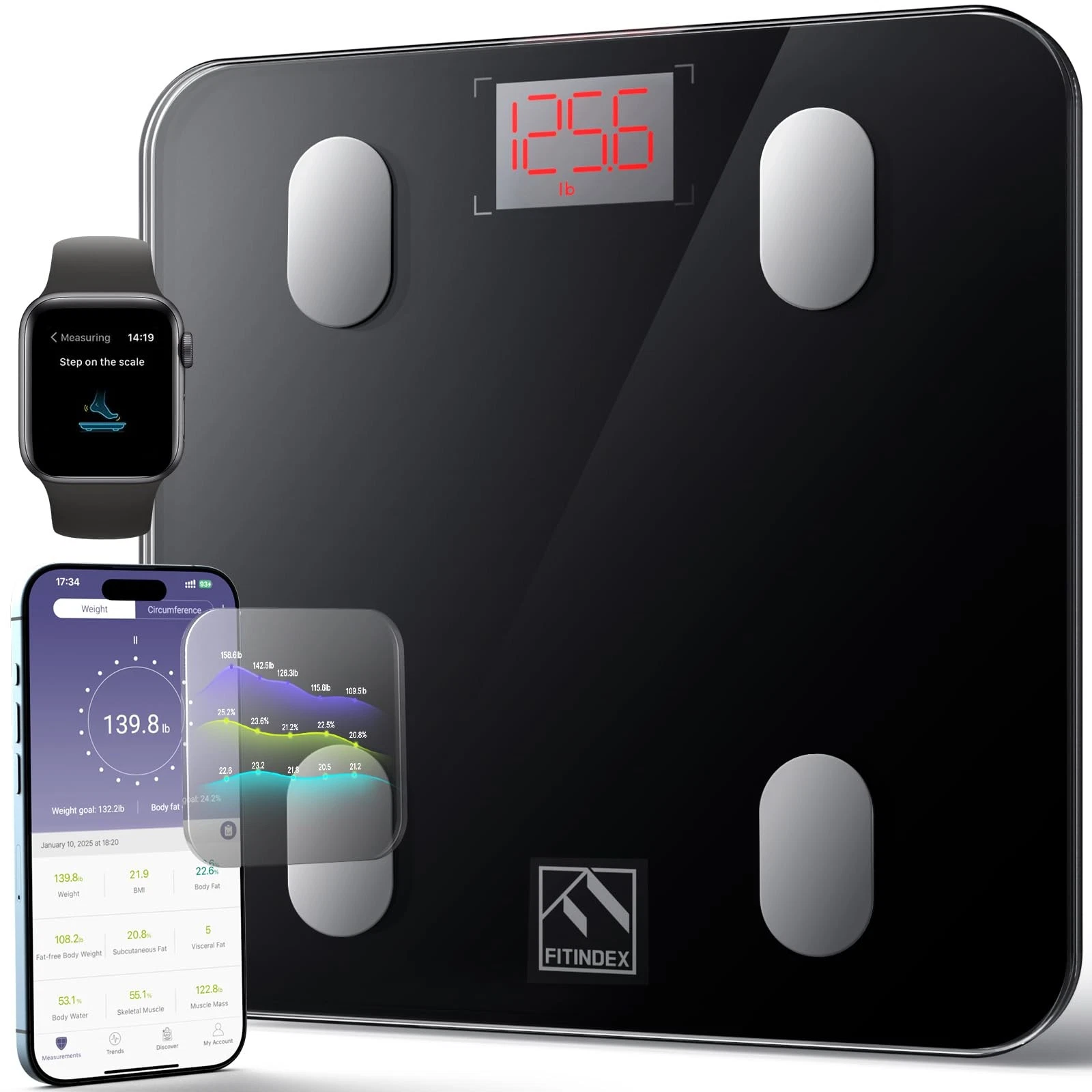 FITINDEX Smart Scale for Body Weight, 10.2 inches, Black Bluetooth